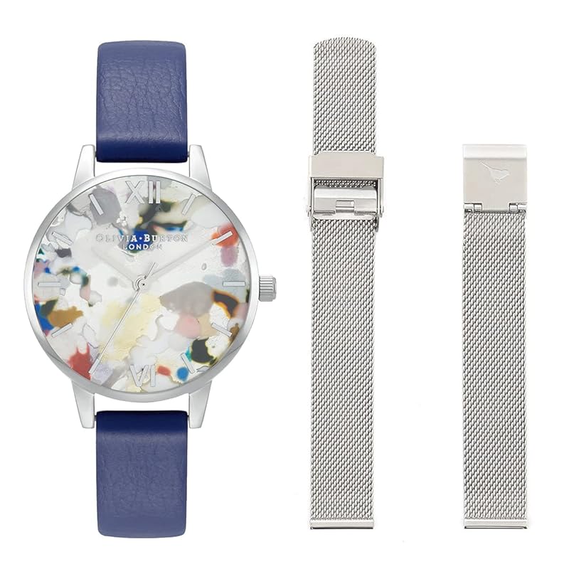 

Authorized distributor olivia burton clock ladies [Gift set] Pop art midi silver eco confetti dial electric blue & mesh watch & strap set