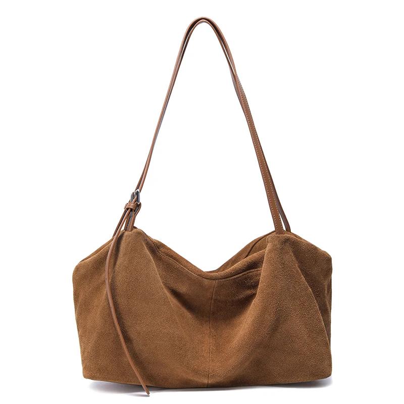 

Women s Suede Cow Genuine Leather Shoulder Bags Ladies Soft Cowhide Crossbody Bag Female Design Luxury Lazy Commuting Handbag 34x14x20cm коричневий