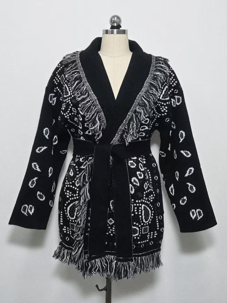 European & American Retro Color-Blocked Tassel Jacquard Mid-Length Cardigan - Women's Loose Fit Lapel Coat for Autumn/Winter