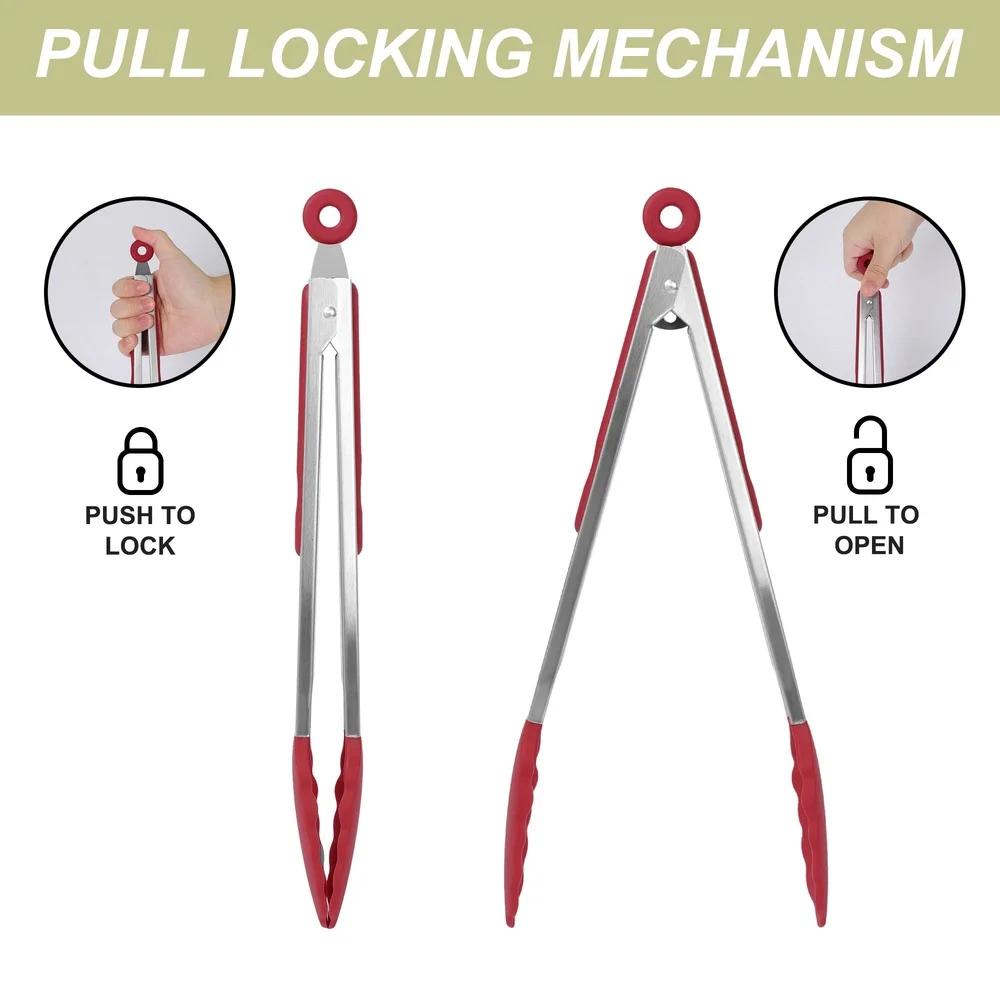 3PCS Kitchen Tongs Set Silicone Tips Non-Stick Stainless Steel Heat Resistant Cooking Tools Locking Mechanism