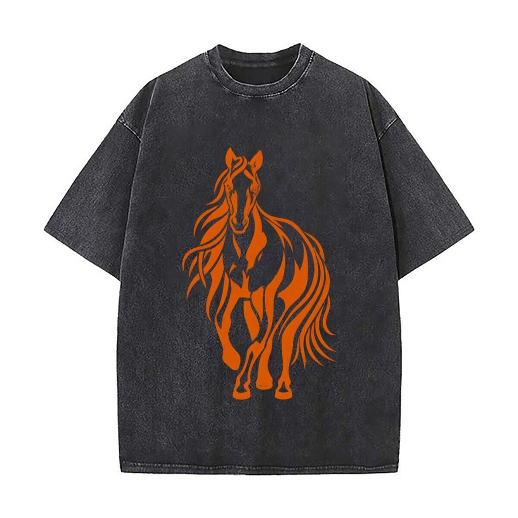 Golden Horse Flowing Mane Equestrian Silhouette Washed Short Sleeve Loose Streetwear Tee Hip Hop