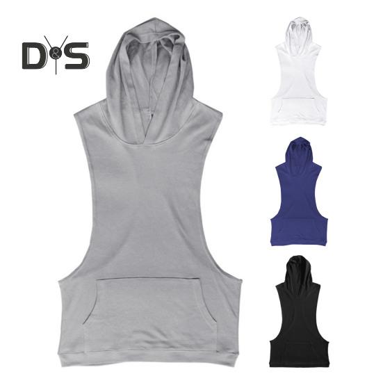 Men Hoodie Vest Hooded Sleeveless Solid Color Summer Sweatshirt Loose Fit Breathable Fabric Sport Vest