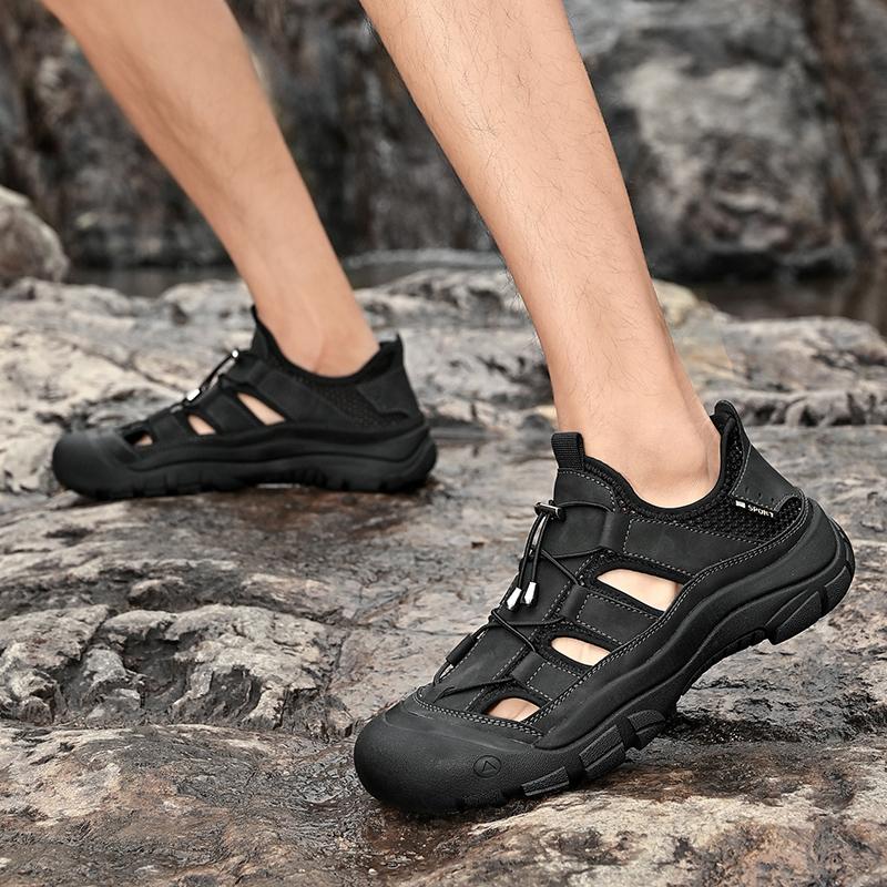 Fashion Handmade Men's Leather Sandals Outdoor Wading Aqua Loafers 2025 New Summer Casual Shoes for Men Lightweight Stylish Beach Flats