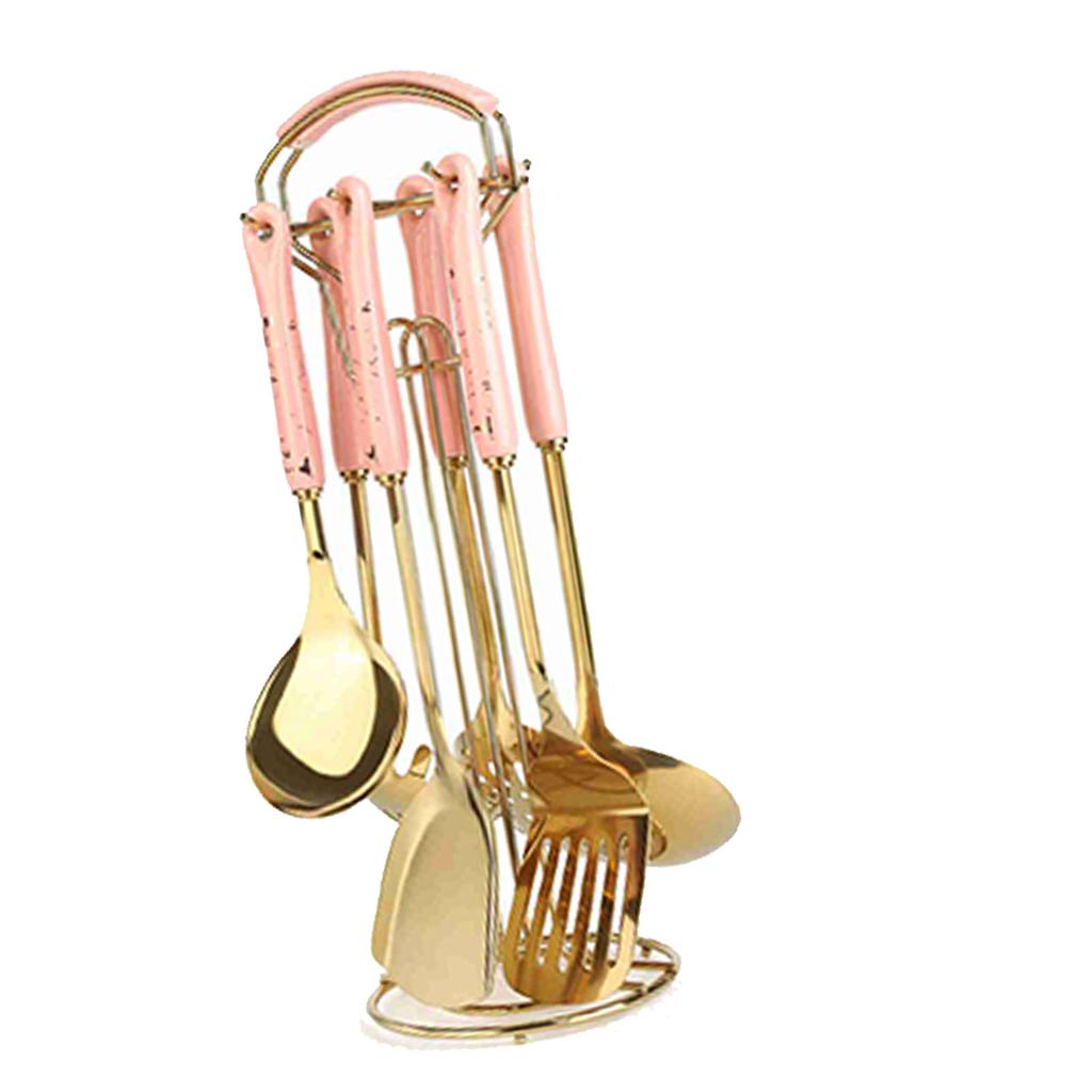 7PCS Stainless Steel Cooking Utensils Set Ceramic Handle Kitchen Spatulas Spoons Set Pink and Gold