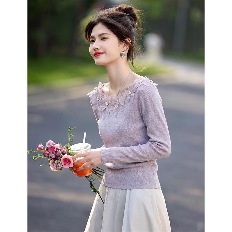 Women s Gentle 3D Floral Round Neck Base Layer Top M