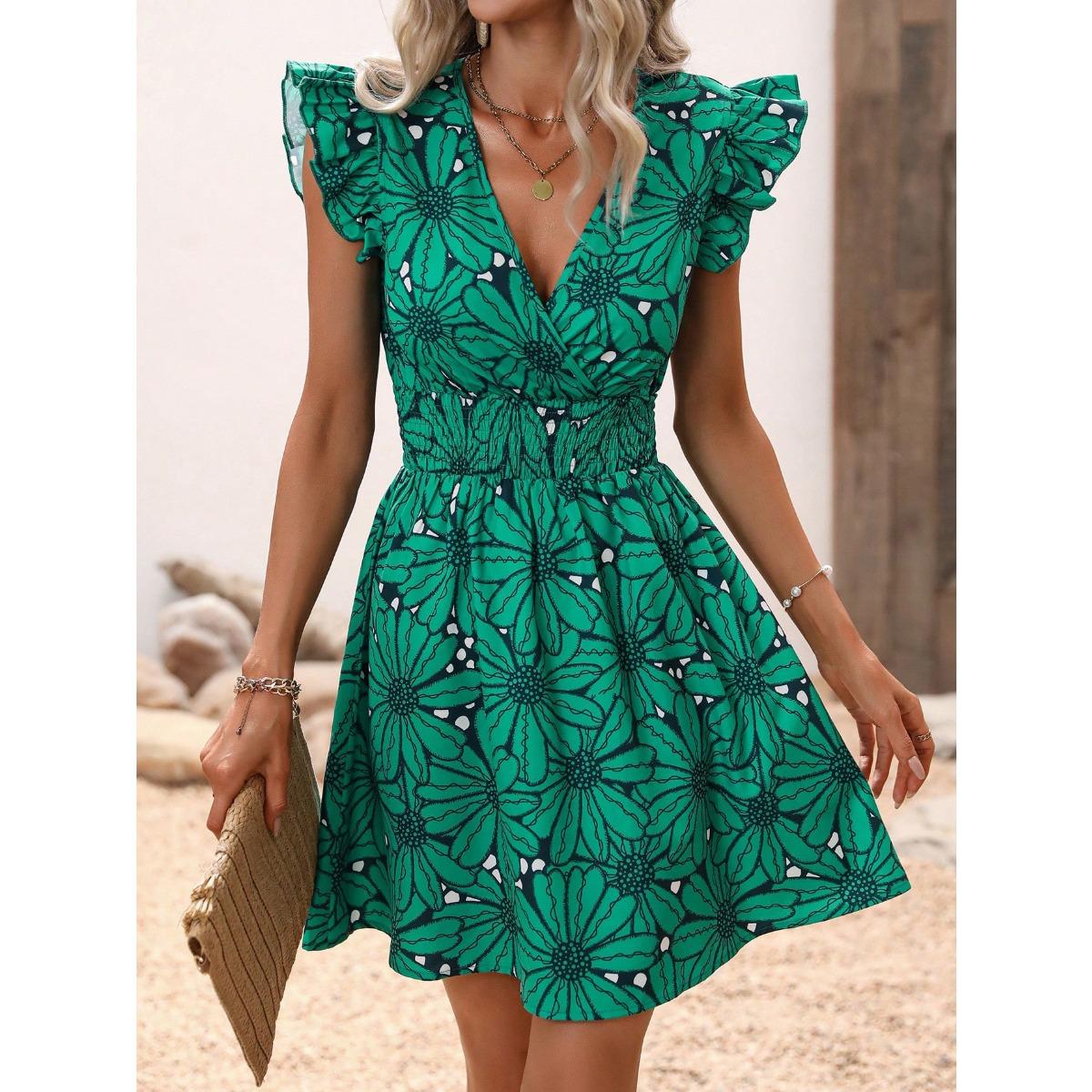 

Summer Women s Sexy V-Neck Waist Cinched Sleeveless Large Floral Ruffle Hem Dress, European American Style Casual Vacation Dress for Women S зелёный
