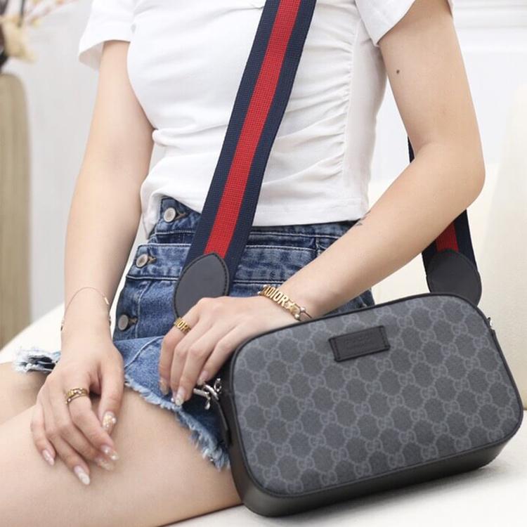 Gucci Vintage Logo Stripe Web Leather Logo Canvas And Leather Camera Bag Men Shoulder Bag Black Gray 574886-K5RLN-1095
