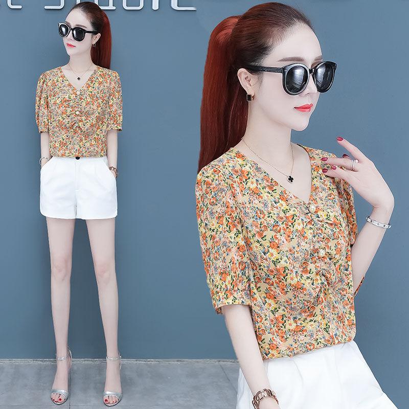 Floral Short Sleeve Chiffon Shirt for Women's Summer New Korean Version Top Loose V Neck Print Bottoming Blouse M-3XL