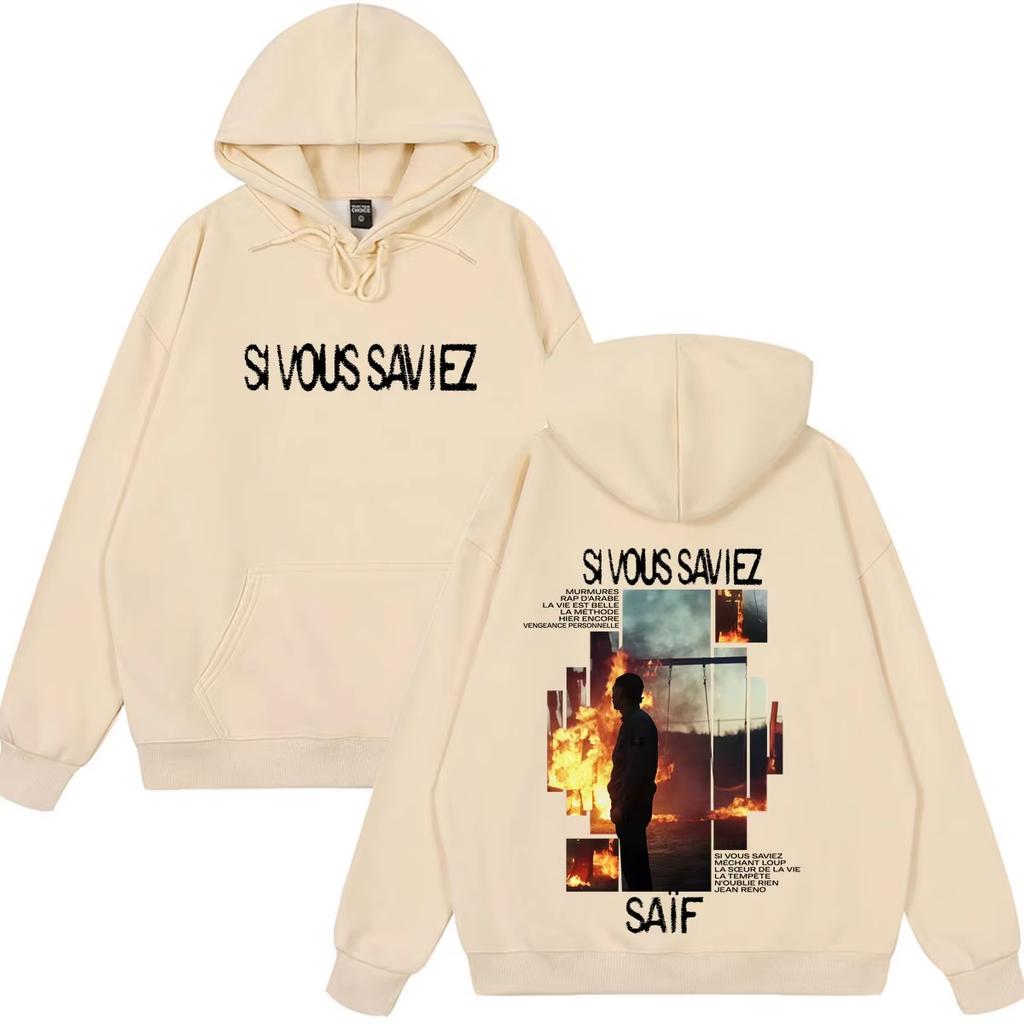 Rapper Saif Album Si Vous Saviez 2026 Tour Print Hoodie Herren Damen Hip-Hop Pullover Locker Lässig Weiches Baumwoll-Sweatshirt Locker Gemütlich und Vielseitig