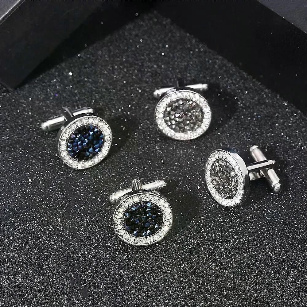 2 Stück / Set Neues High-End Mode Herren Hemd Kristall Manschettenknöpfe Luxus Design Silbern Rund Blaue Strasssteine Manschettenknöpfe