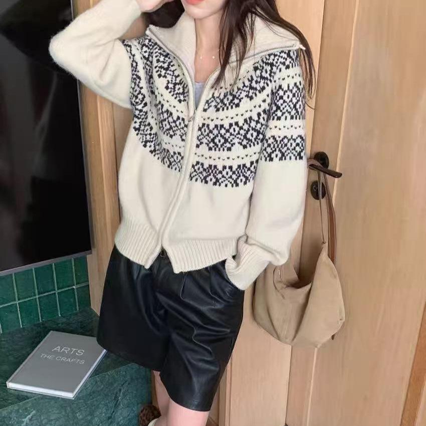 Faroe Islands Jacquard Wool Zipper Coat - Women's Autumn Winter Retro Lapel Short Knit Cardigan Sweater