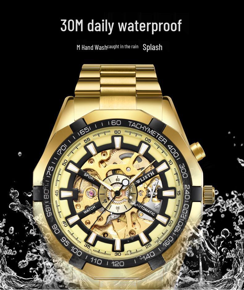 Wolis Men's Gold Waterproof Mechanical Watch - Creative Hollow Design