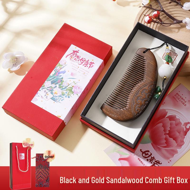 

Гравированная расческа из натурального черного сандала с золотым песком для женщин с длинными волосами - Подарочная упаковка - Подарок на День матери
