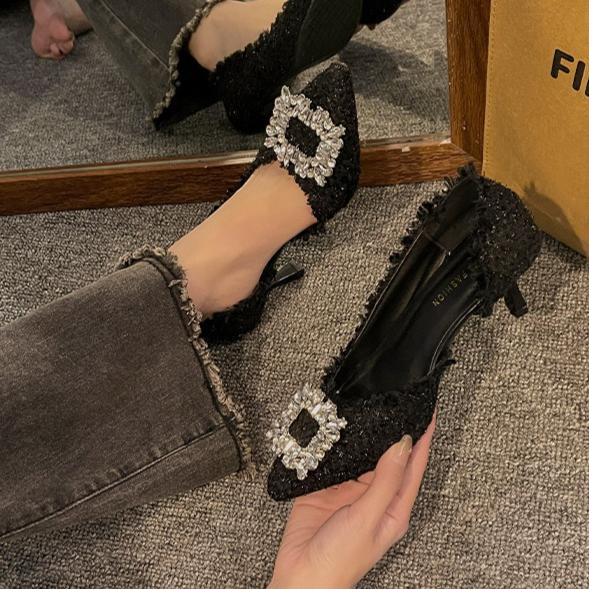 Fashion Women High Heels Fashion Square Rhinestone Buckle Pointed High Heels Shoes Elegant Temperament Women Party Wedding Shoes Tacones
