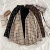 Koszula damska Plaid Oversized Brown Top Turn-down Collar Leisure Fashion Luźne wszystkie mecze z długimi rękawami Soft Chic Korean Top