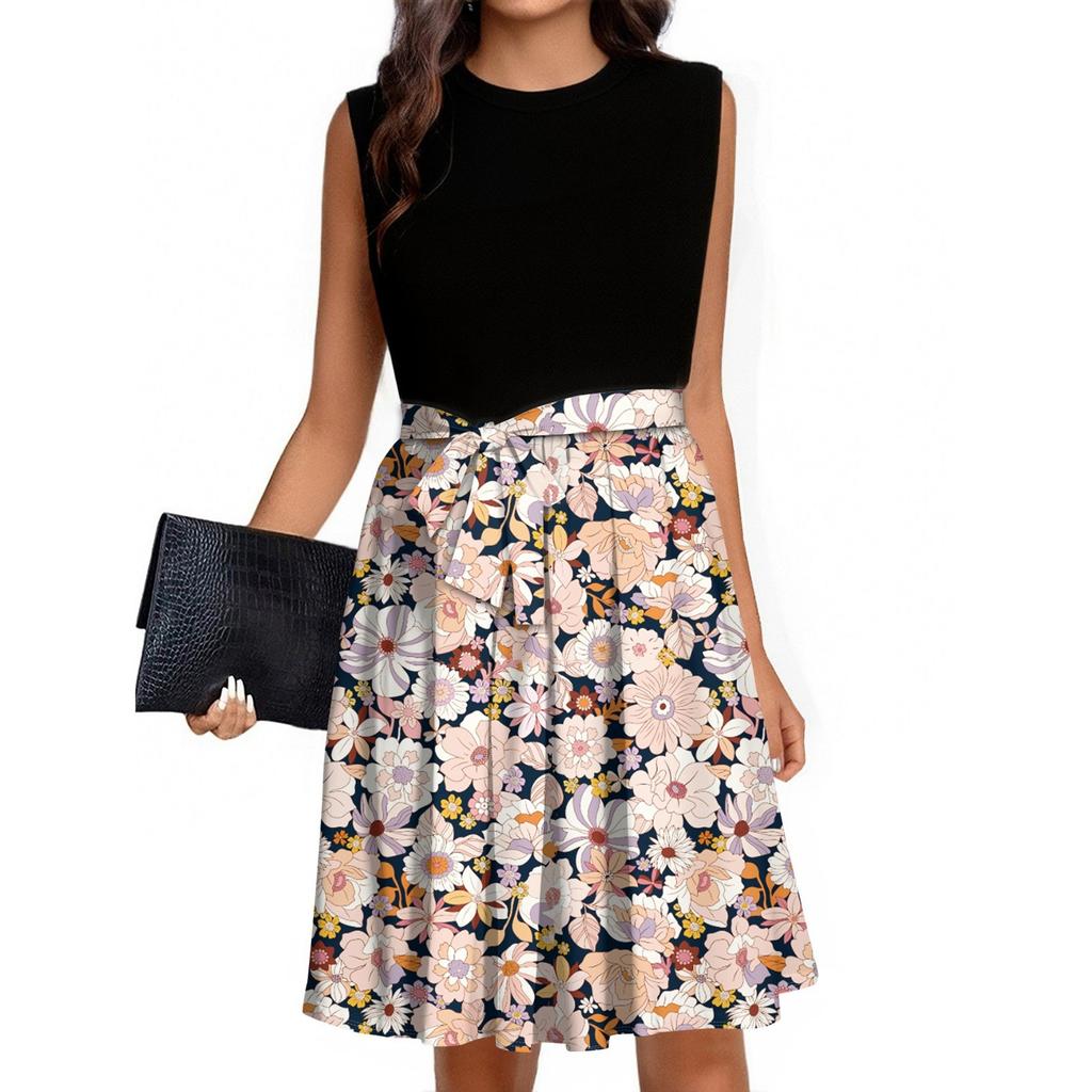 Women's Fashion Casual Lace-up Sleeveless Round Neck Splicing Short Dress