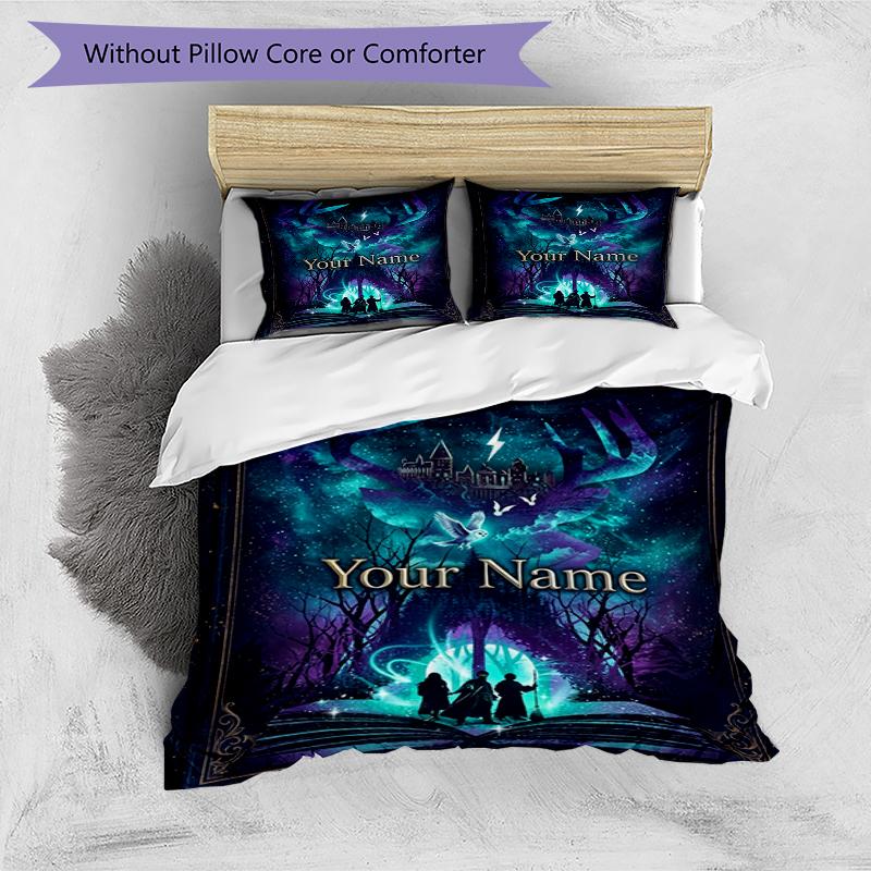 3pcs Custom Name Magic Forest Printed Bedding Set Duvet Cover Closure Includes 1 Duvet Cover & 2 Pillowcases, Soft and Comfortable for All Seasons.