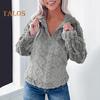 Winter Women Sweatshirt Zippered Turn-down Collar Rhombus Texture Plush Thick Long Sleeves Solid Color Keep Warm Autumn Top