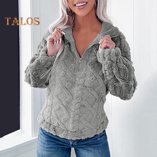 Winter Women Sweatshirt Zippered Turn-down Collar Rhombus Texture Plush Thick Long Sleeves Solid Color Keep Warm Autumn Top