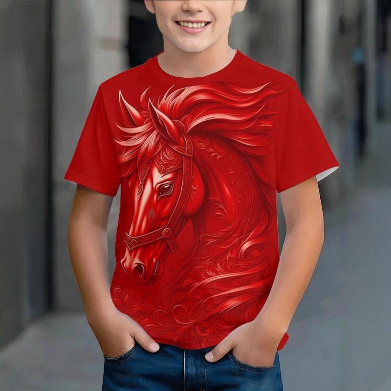 Children's T-shirt 3d horse year printed round neck short sleeve upper