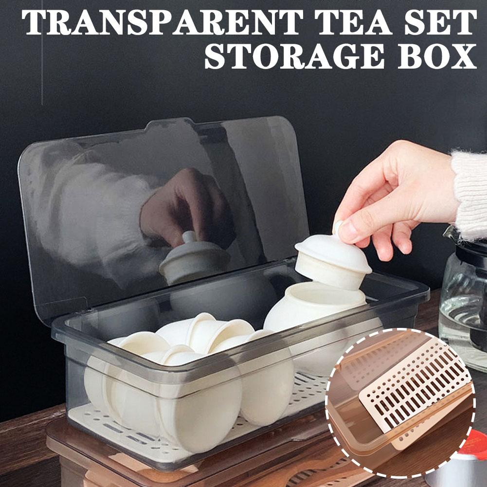 Tea Set Storage Box Transparent Cutlery Tray With Lid Drain Large Capacity Dustproof Cutlery Holder Desktop Dustproof With Cover
