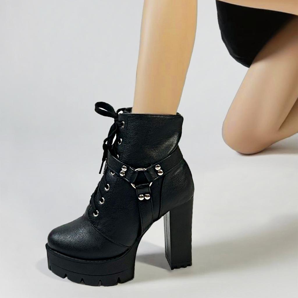 FOREADA Damen Stiefeletten Runde Zehenpartie Dicke Hohe Absätze Metalldekoration Plateau Reißverschluss Kurze Stiefel Damen Modeschuhe Herbst Winter