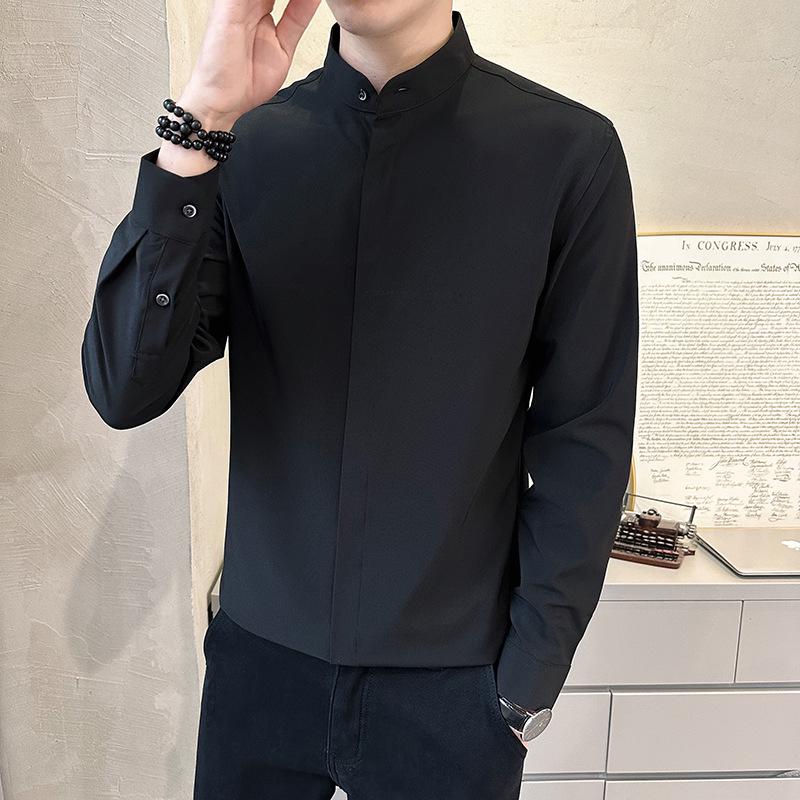 

Мужская роскошная рубашка с воротником-стойкой, не требующая глажки, белого или черного цвета, с длинным рукавом M чёрный