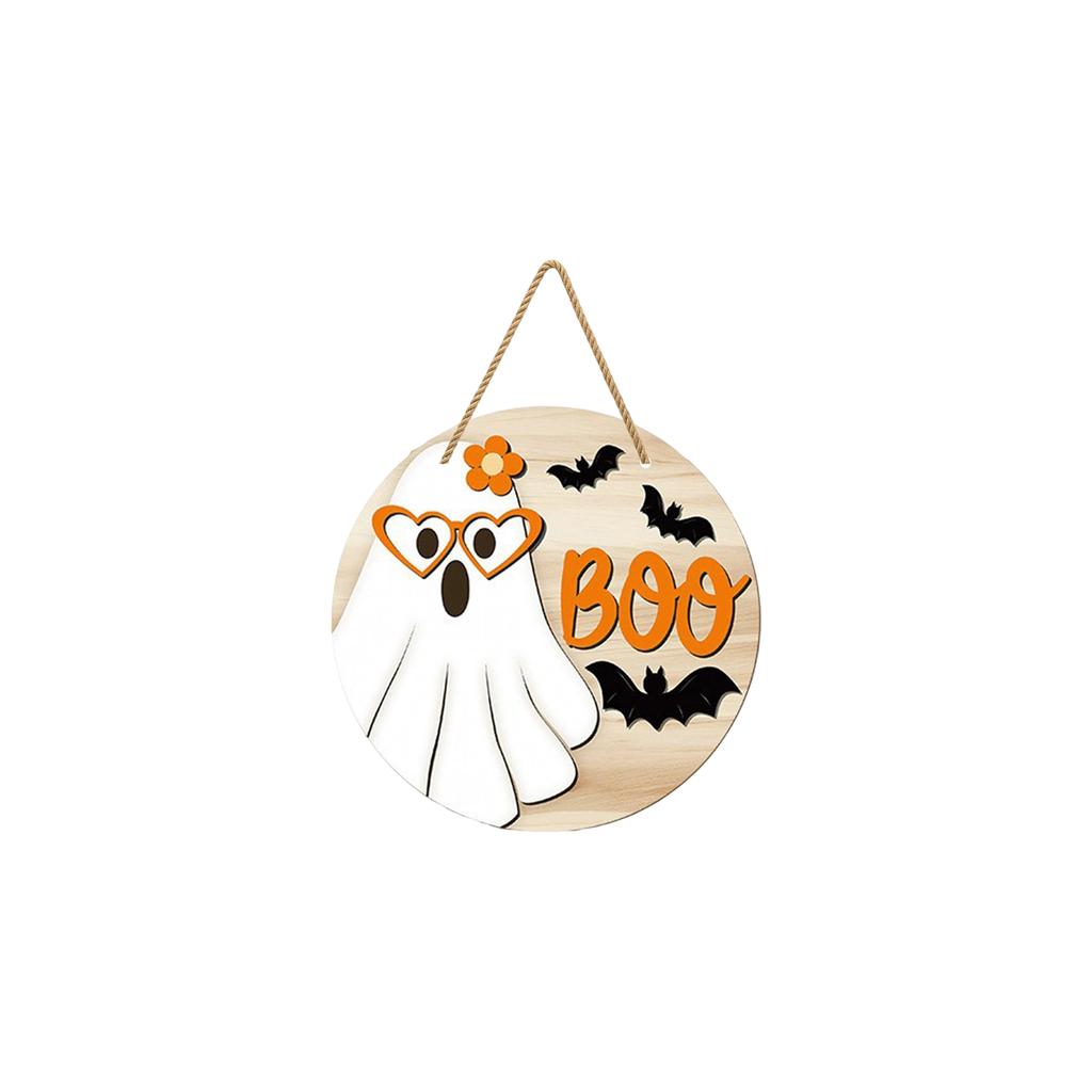 Halloween Wooden Hanging Sign Ghost and Bat Design Round Door Decor with Rope for Seasonal Holiday Decoration Indoor Outdoor Use