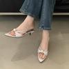 Fashion Female Slip On Footwear Silk Fashion String Bead Elegant Women Low Heel Shoes Pointed Toe Ladies Heeled Pumps Slides Shoes