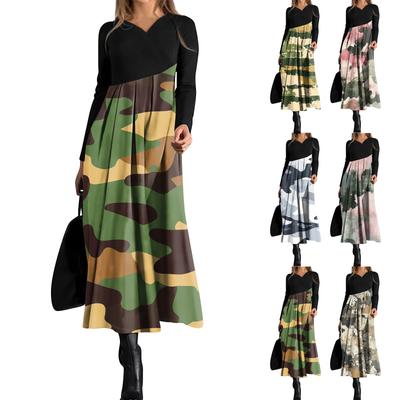 Women's Casual Fashion V-neck Long Sleeve Dress Camouflage Print Waist Pocket Large Swing Dress
