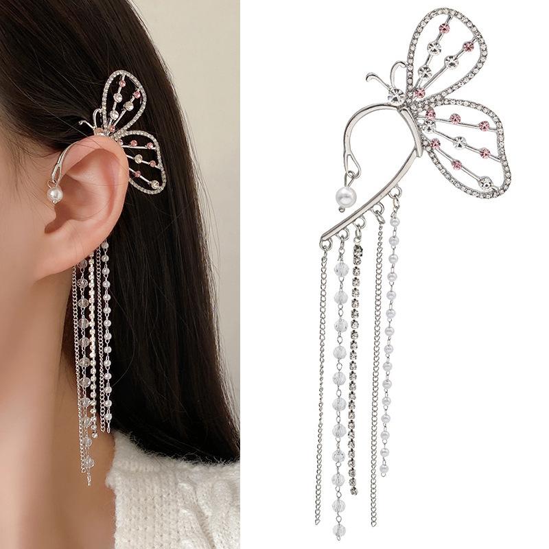 Personalized Integrated Earbone Clip Earrings, Asymmetrical Full-Drilled Butterfly Serpentine Earrings