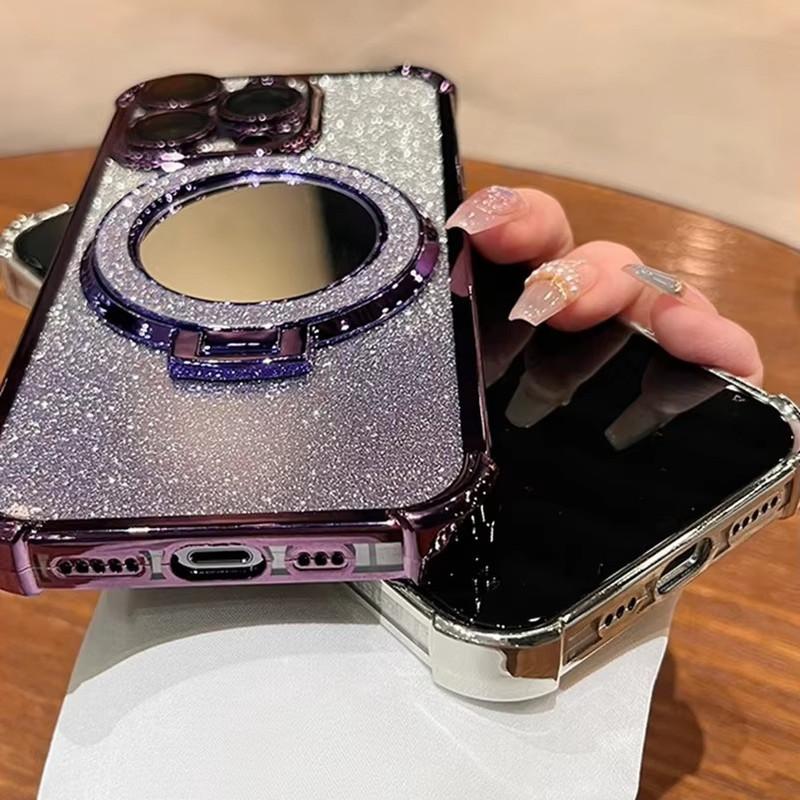 For iPhone 18 17 16 15 14 Pro Max Series Bling Glitter Mirror Kickstand Full Lens Protect Phone Case