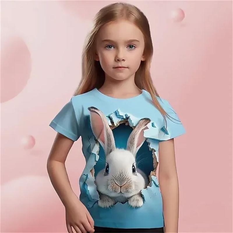 Cute Rabbit Short Sleeved Shirt Cartoon Print Girls Children Soft Comfortable T-Shirts Girls
