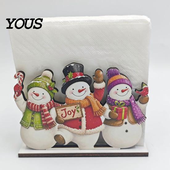 Wooden Holiday Ornament Christmas Napkin Holder for Table, Santa Snowman Reindeer Tree Cocktail Square Storage Tissue Dispenser Winter Parties,