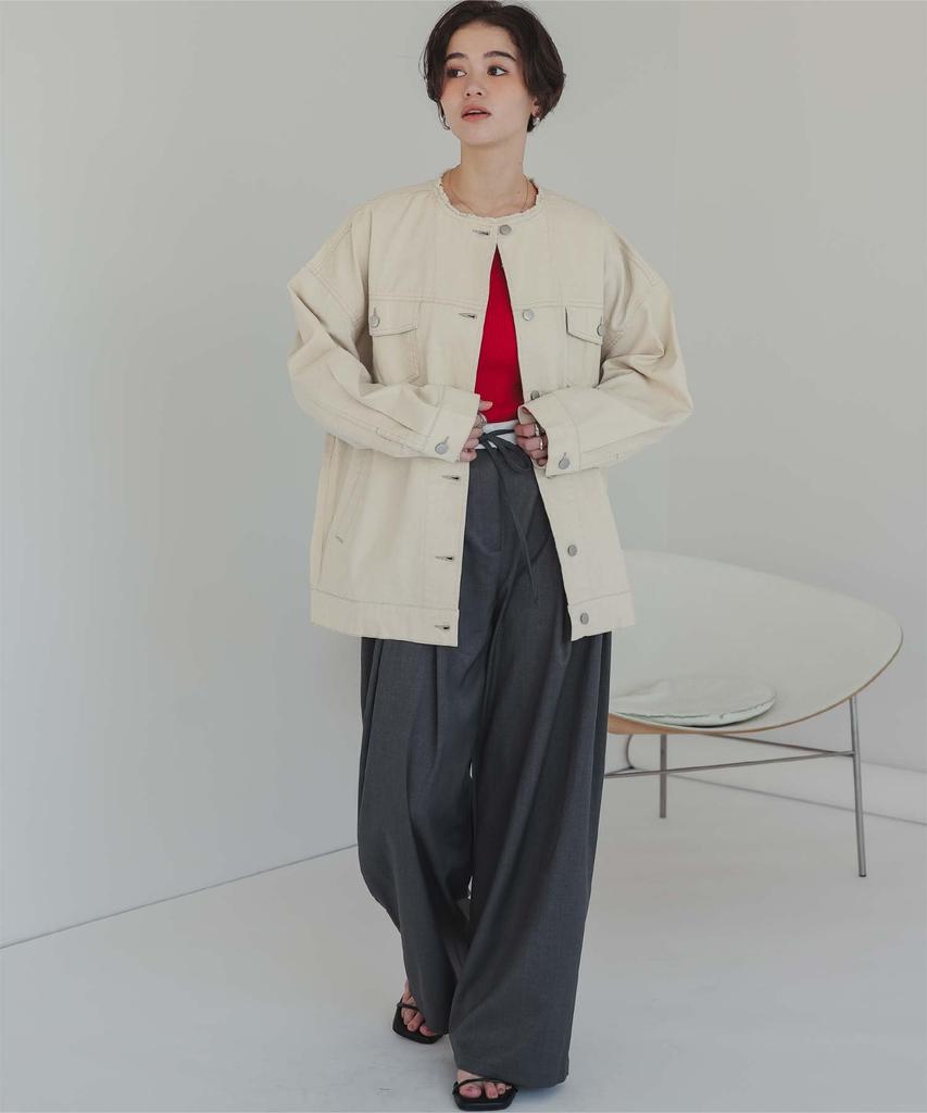 Titibait Collarless Denim Jacket AFXT0279 L Ivory Women's