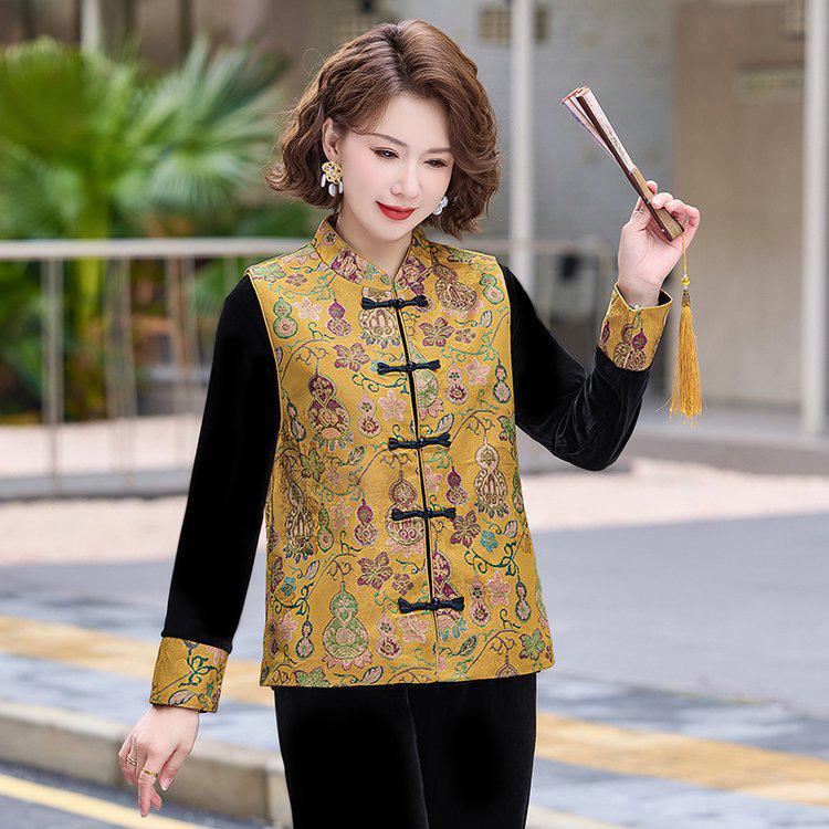 Spring Chinese Style Versatile Casual Vest Top & Frog Button Vest 3-Piece Set for Middle-aged and Elderly Moms