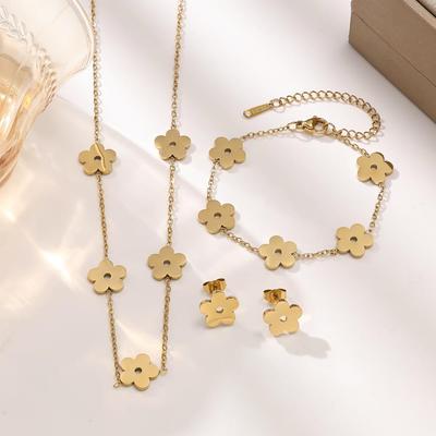 Koreanisches 18K Goldplattiertes Edelstahl Blumen Schmuckset für Damen (Halskette, Ohrringe, Armband)