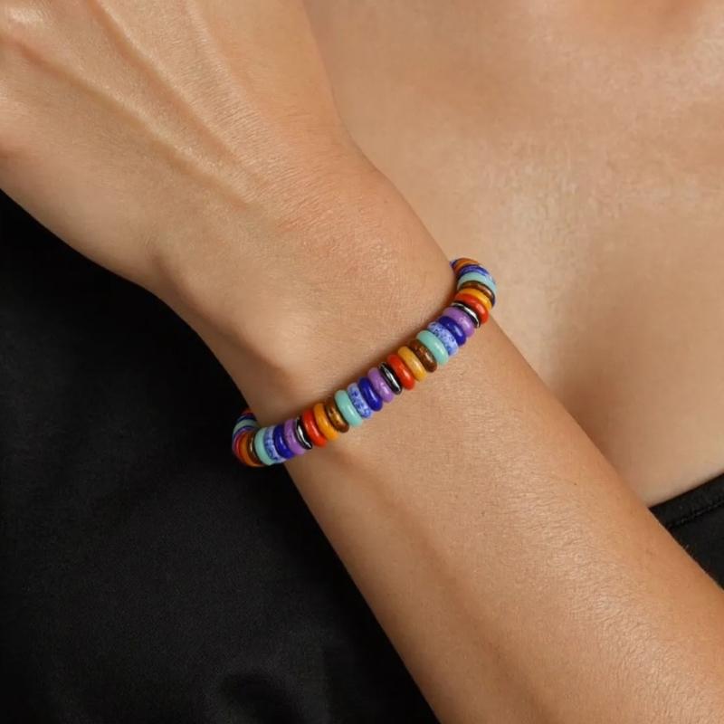Handmade Multicolor Natural Stone Flying Disc Beaded Bracelet Lightweight Adjustable Jewelry For Women Men