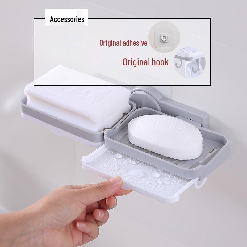 Punch-Free Wall-Mounted Soap Dish Rack with Hooks and Draining Shelf