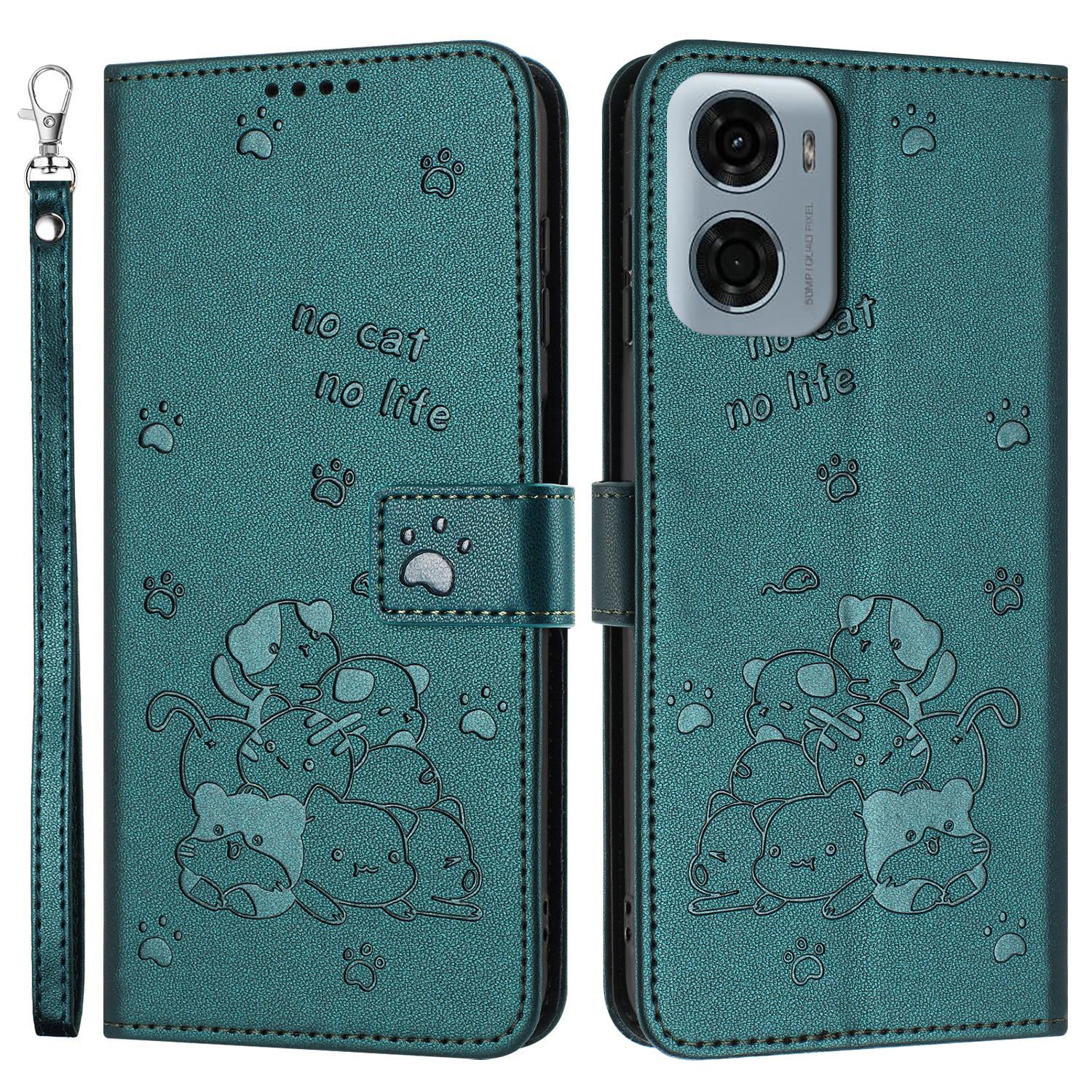 

For Motorola Moto G05 4G Case with Strap Cats Imprint Leather Wallet Phone Cover Blackish Green