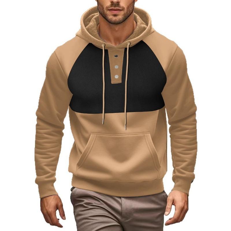 New Casual Men's Hooded Sweatshirt Contrasting Color Splicing Plus Velvet Pullover Handsome Top