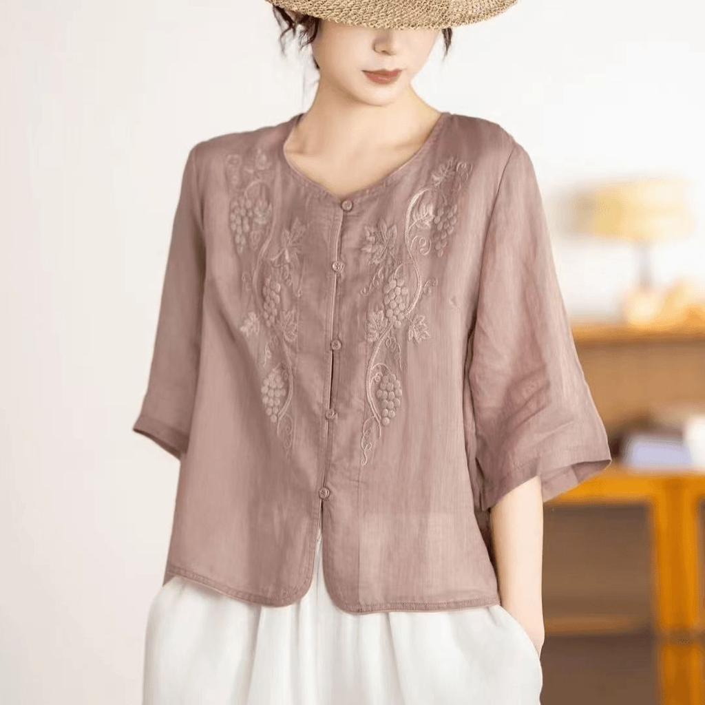 Summer New Five Quarter Sleeve Embroidered Women's Versatile Solid Color Shirt for Middle-aged