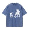 2026 Vintage Washed Grey Cat And Bird Drinking Tea Graphic T Shirt Retro Woodcut Art Print Oversized Casual Short Sleeve Tee