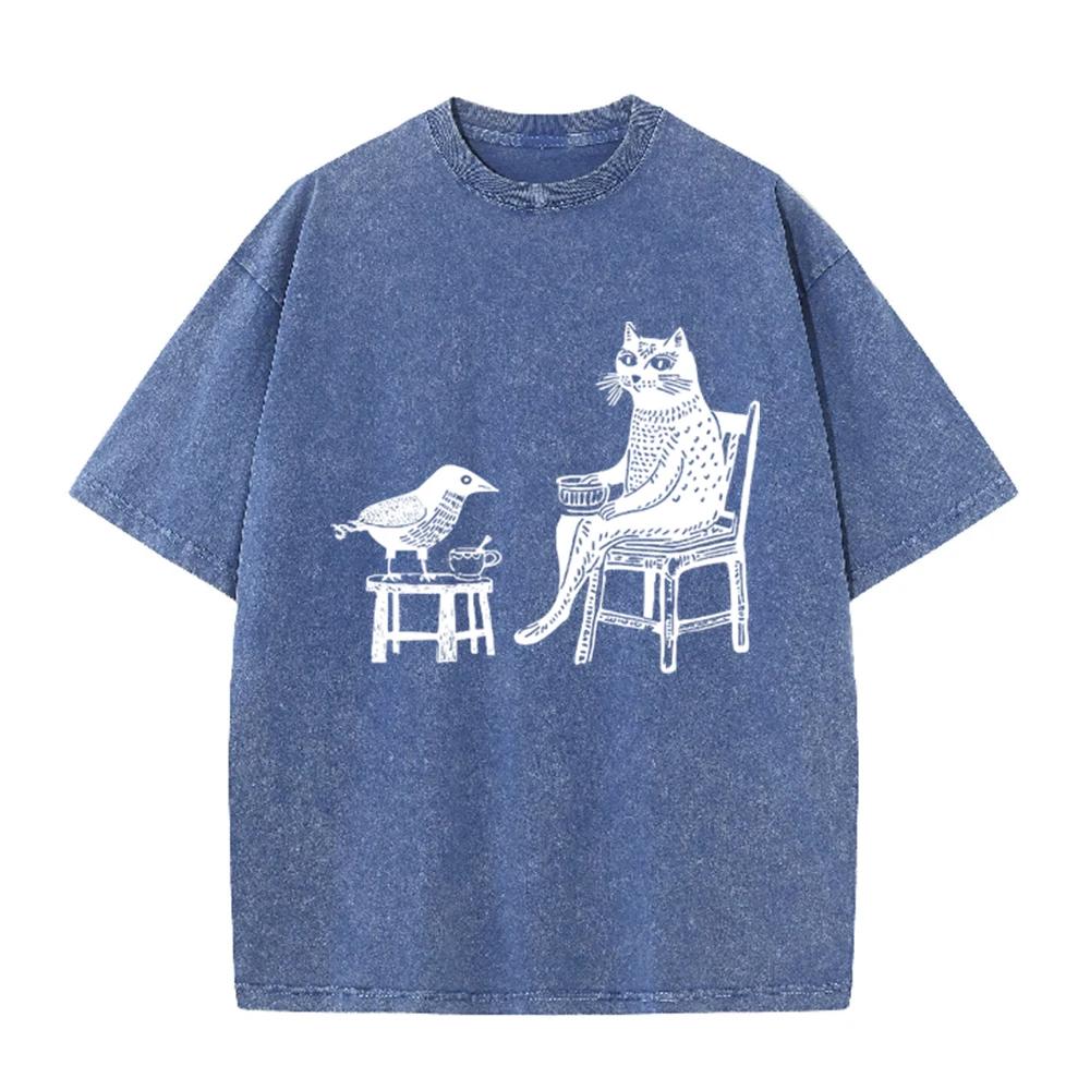 2026 Vintage Washed Grey Cat And Bird Drinking Tea Graphic T Shirt Retro Woodcut Art Print Oversized Casual Short Sleeve Tee