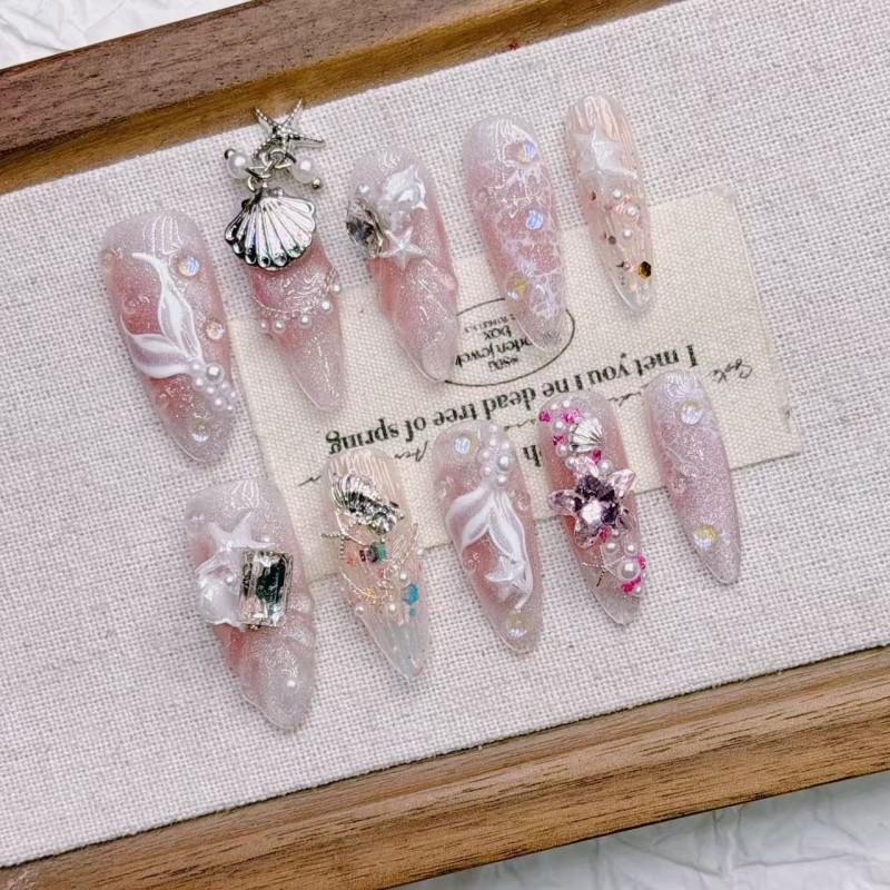 Handmade Long Press-On Nails With Pink Mermaid Tail Design Full Cover False Women Girls
