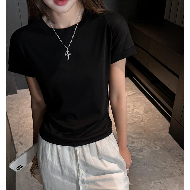 

Tencel Lyocell Summer Small Crew Neck Sleeve Front Shoulder Short Sleeve Women s T-Shirt Loose Comfort Skinny Design Top S (suitable for weight 35-47.5kg ) чёрный