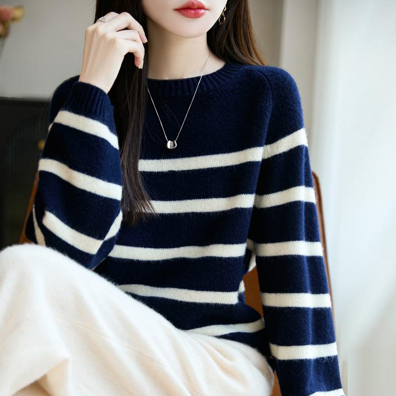 Women Sweater 100% Wool MODERN NEW SAGA O-neck Stripe Knit Pullover Thick Winter Jumpers Female Knit Tops