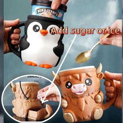 New Creative Cute Cow Cup Cow Shaped Ice Cream Cup With Snack Drawer And Handle High Beauty Reusable Mug Birthday Present