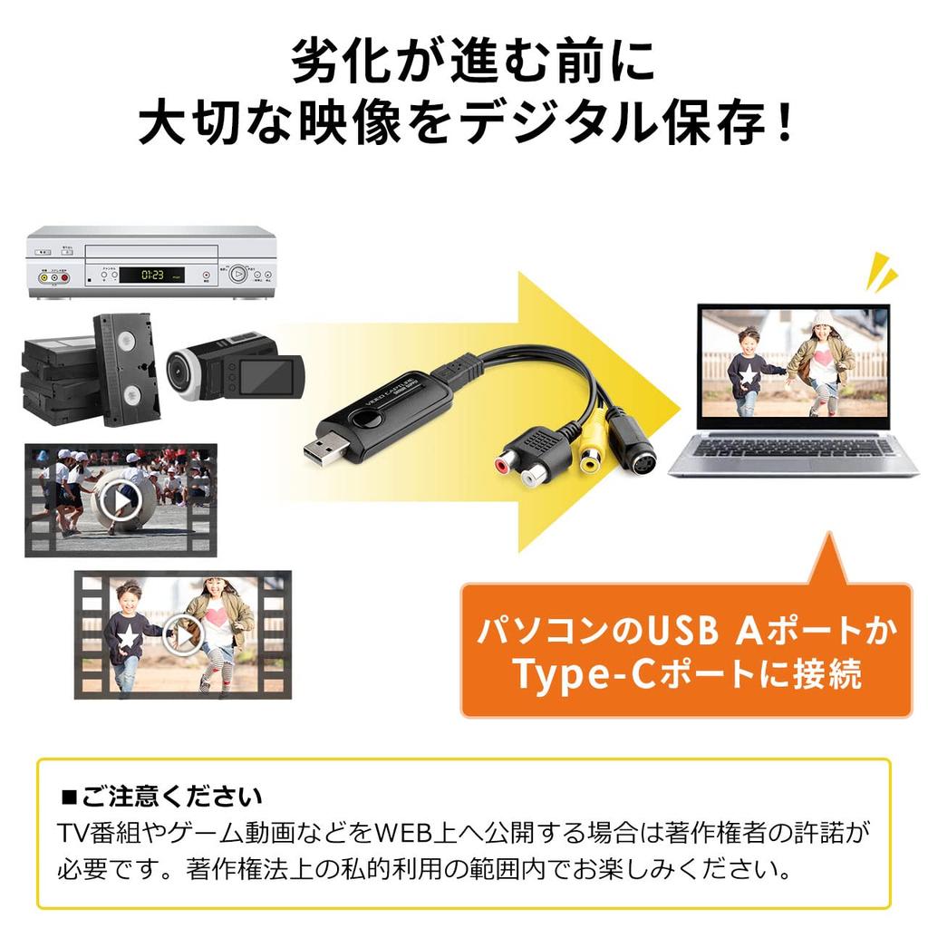 Sanwa Direct USB Video Capture, Video Tape Digitization, Windows/Mac Compatible, MiniDV Dubbing, with Type-C Adapter, 400-MEDI039