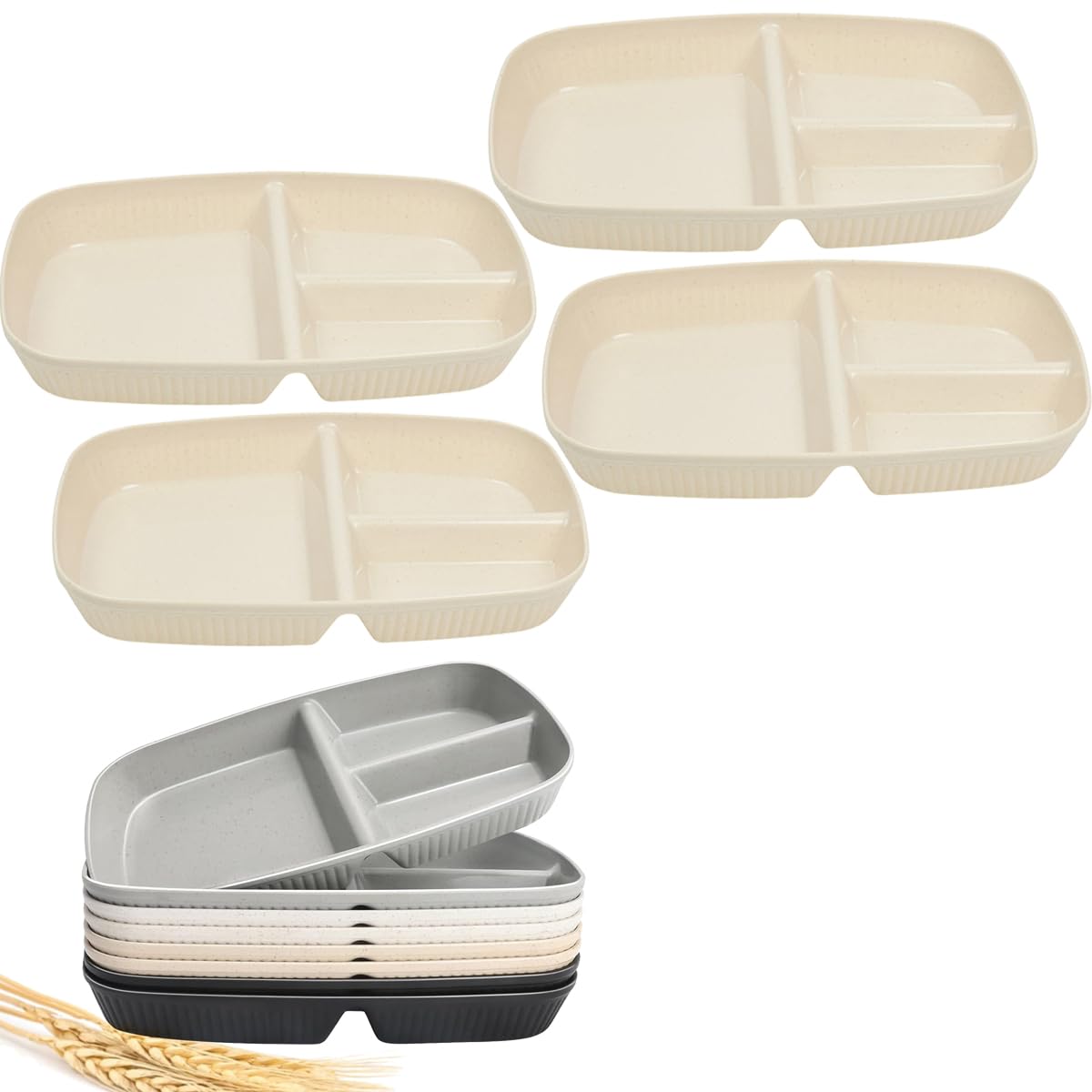

Set of 4 Lunch Plates, Divided Plates, Made of Resin, Lightweight and Shatter-Resistant, Deep Divided Plates, Dishwasher and Microwave Safe (Beige)